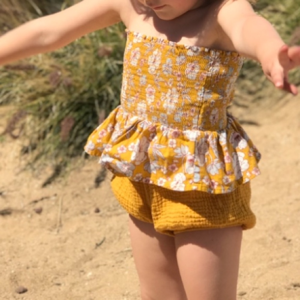Size 4T girls smocked crop top mustard floral boho